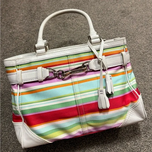 Coach Hampton Multicolor Canvas White Leather Trim Stripes Satchel Tote Bag - Picture 7 of 8